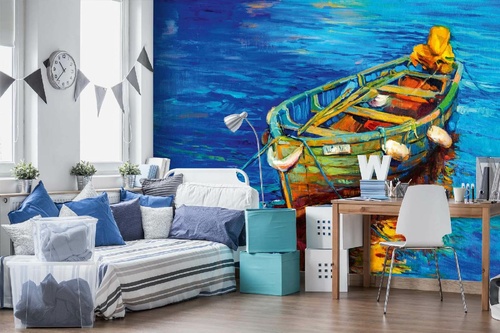 Vlies Fototapete - Gemälde - Boot und Meer 375 x 250 cm